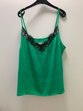 Reserved Green Satin Cami with Black Lace Trim